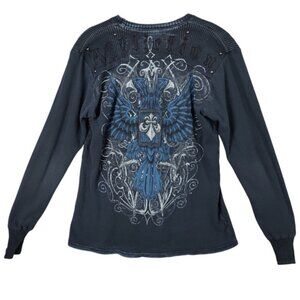 Affliction Logo Studded‎ Waffle Knit Long Sleeve Top Fleur De Lis Eagle Mens M